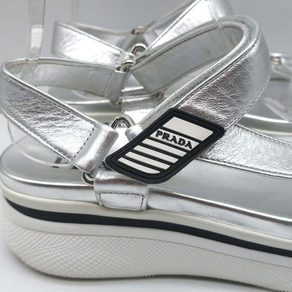 Prada Platform Ankle Strap Sandals Silver Metallic Leather Size 41 - Picture 3 of 11
